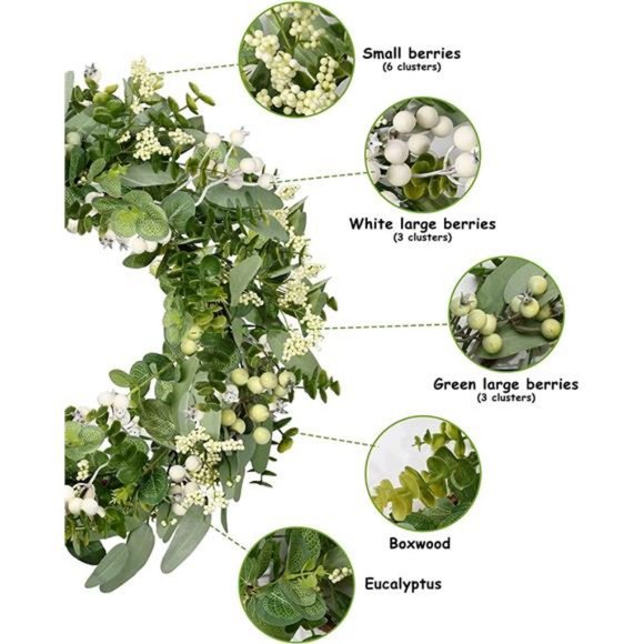 Artificial Eucalyptus Leaf Wreath White Berries Greenery for Front Door Decor Outdoor Wall Decoration 18